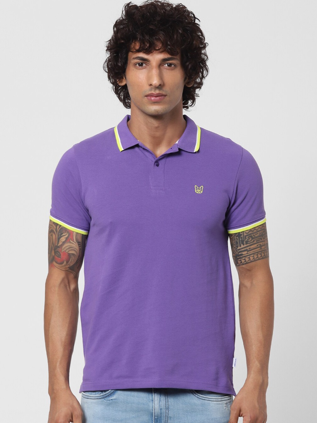 

Jack & Jones Men Purple Polo Collar Applique Slim Fit T-shirt