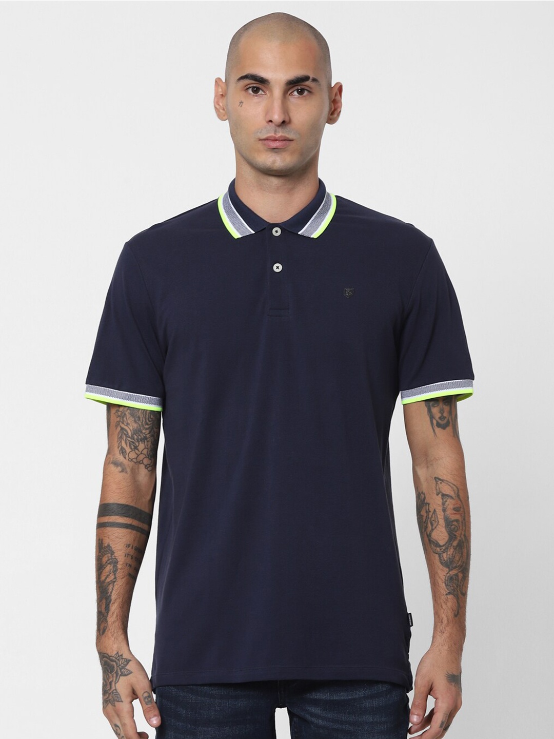 

Jack & Jones Men Navy Blue Polo Collar Pockets Slim Fit T-shirt