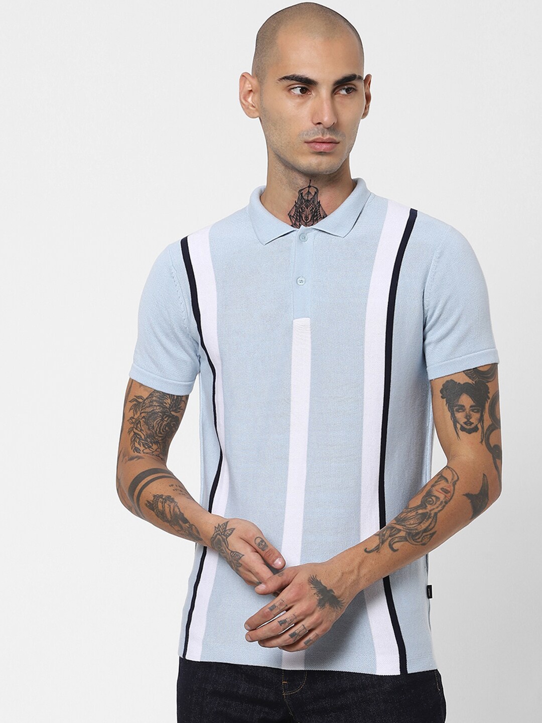 

Jack & Jones Men Blue & White Striped Polo Collar Applique Slim Fit T-shirt