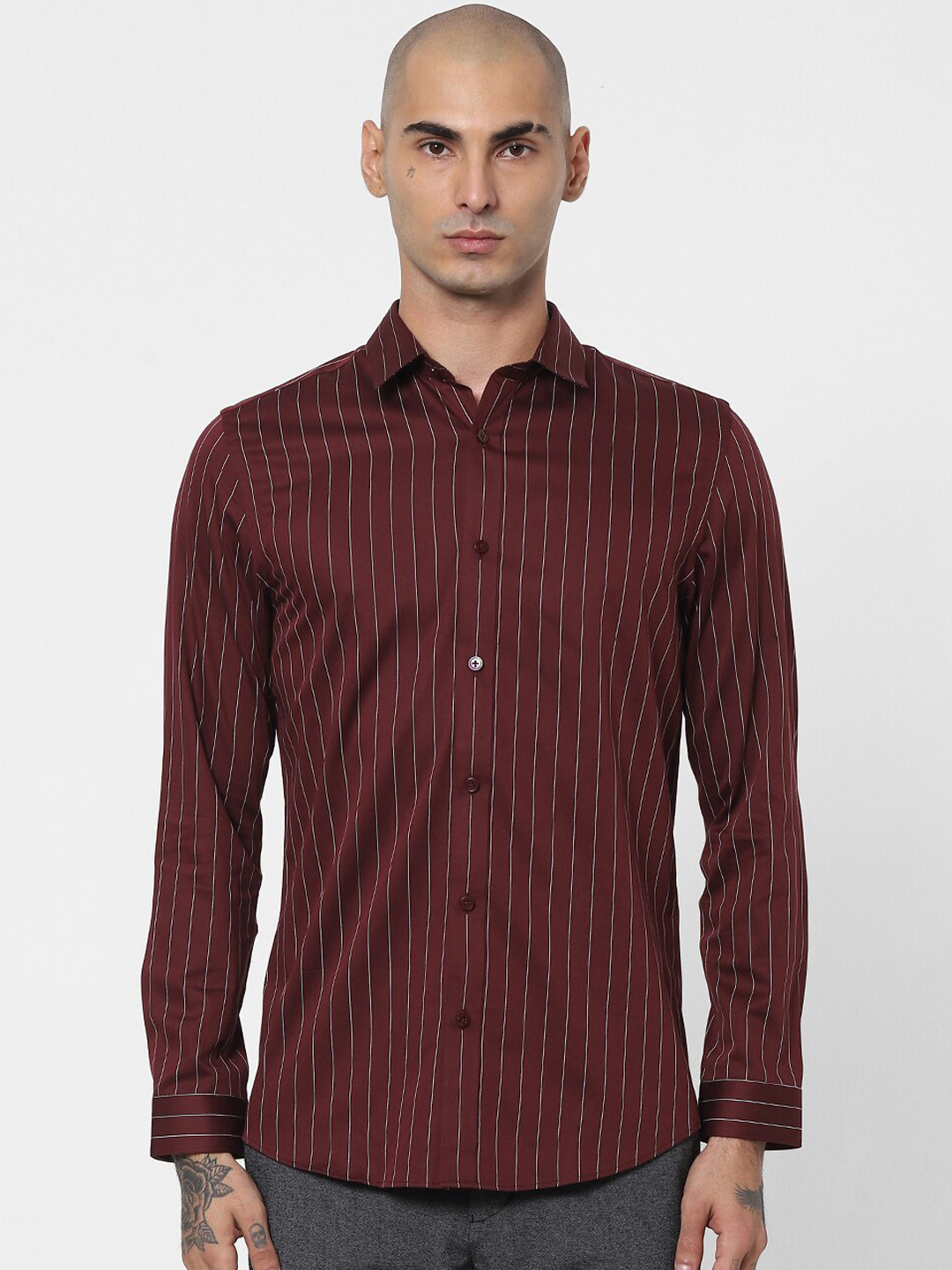 

Jack & Jones Men Maroon Slim Fit Opaque Striped Casual Shirt