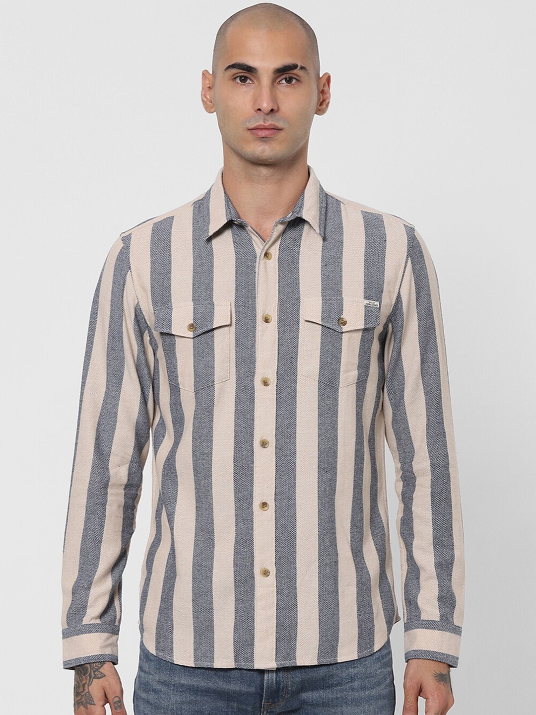 

Jack & Jones Men Beige Opaque Striped Casual Shirt