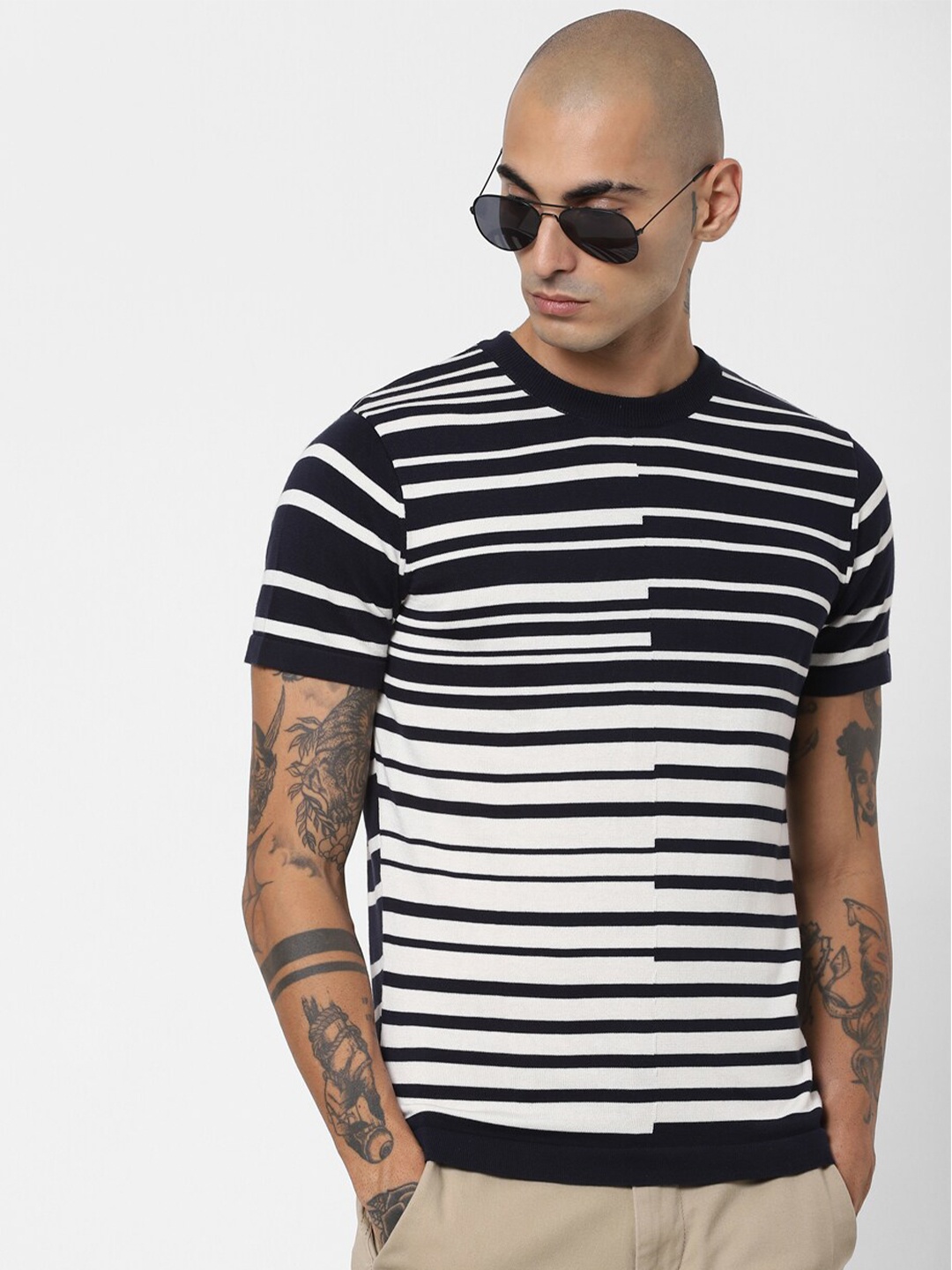 

Jack & Jones Men Navy Blue & White Striped Slim Fit T-shirt