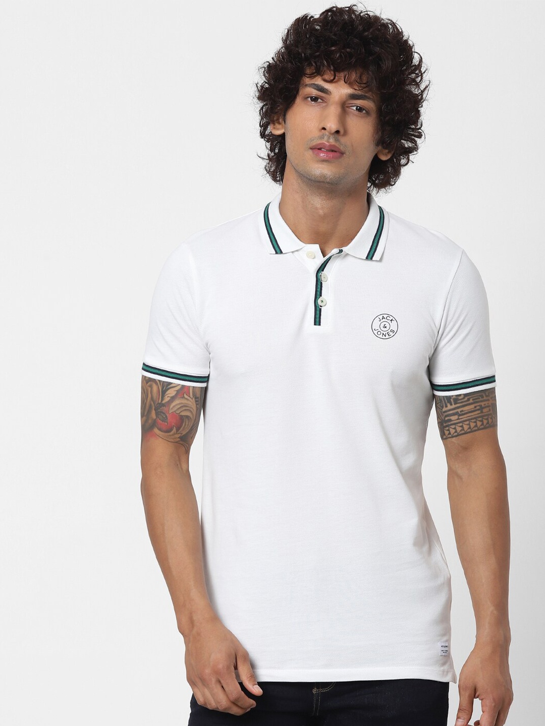 

Jack & Jones Men White & bright gray Polo Collar Applique Slim Fit T-shirt