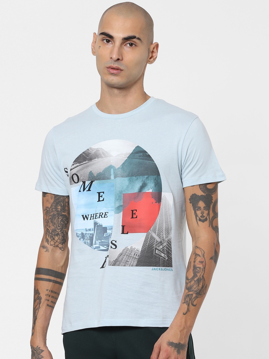 

Jack & Jones Men Blue & Grey Printed Slim Fit T-shirt