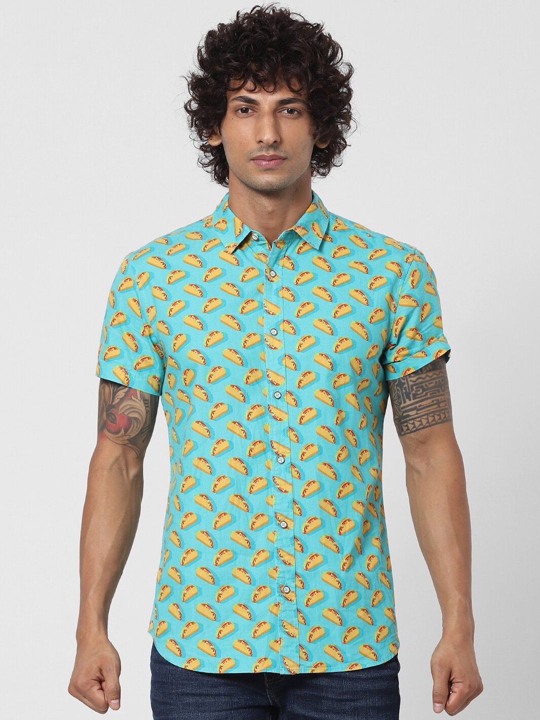 

Jack & Jones Men Turquoise Blue Slim Fit Opaque Printed Casual Shirt