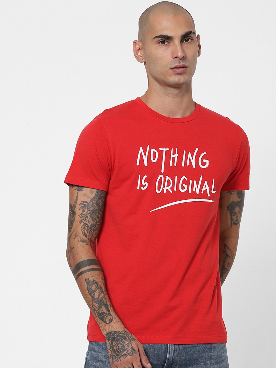 Jack & Jones Men Red & White Typography Printed Slim Fit T-shirt
