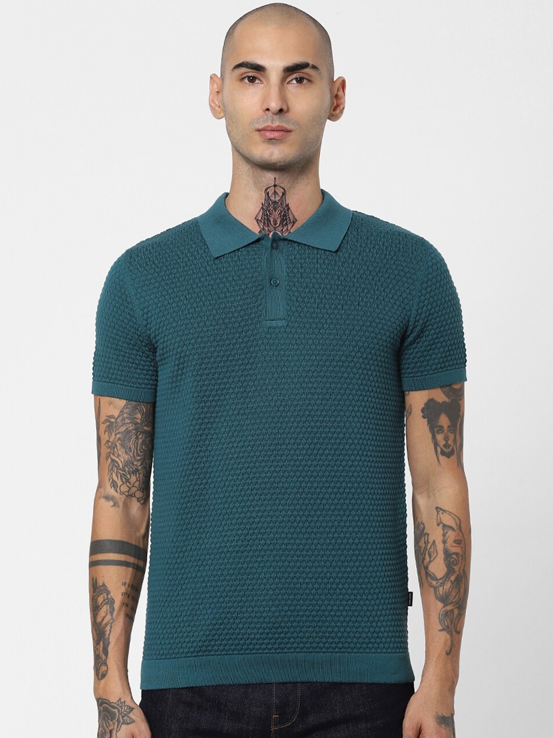 

Jack & Jones Men Green & tapestry Polo Collar Pockets Slim Fit T-shirt