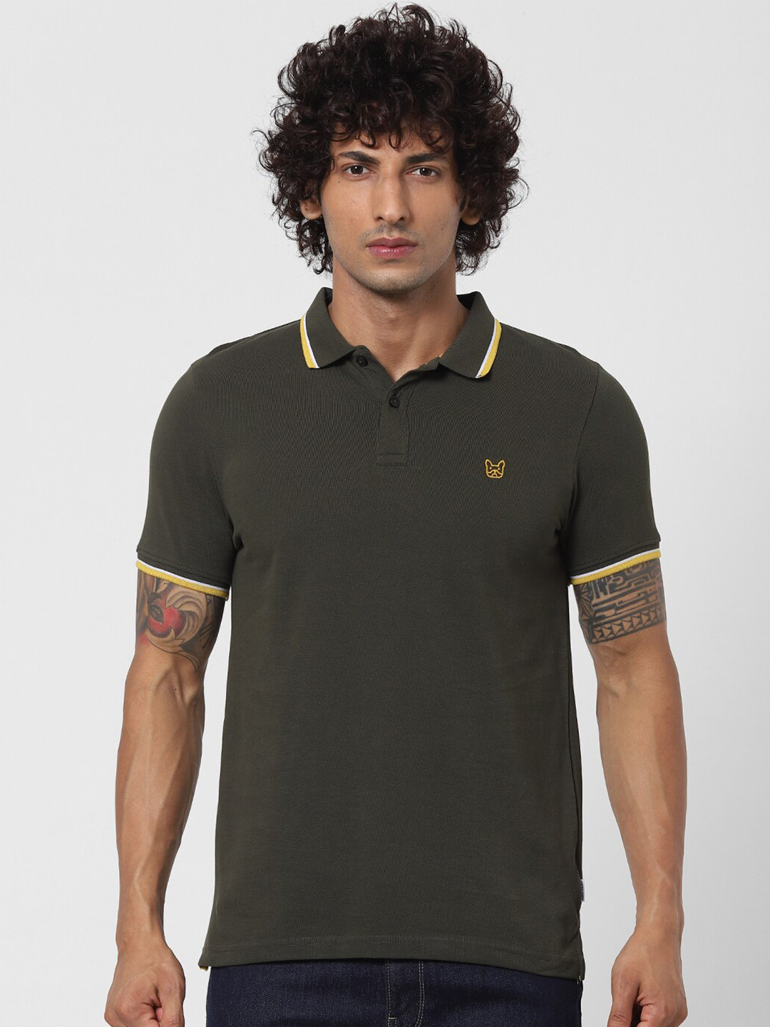 

Jack & Jones Men Olive Green & raven Polo Collar Applique Slim Fit T-shirt