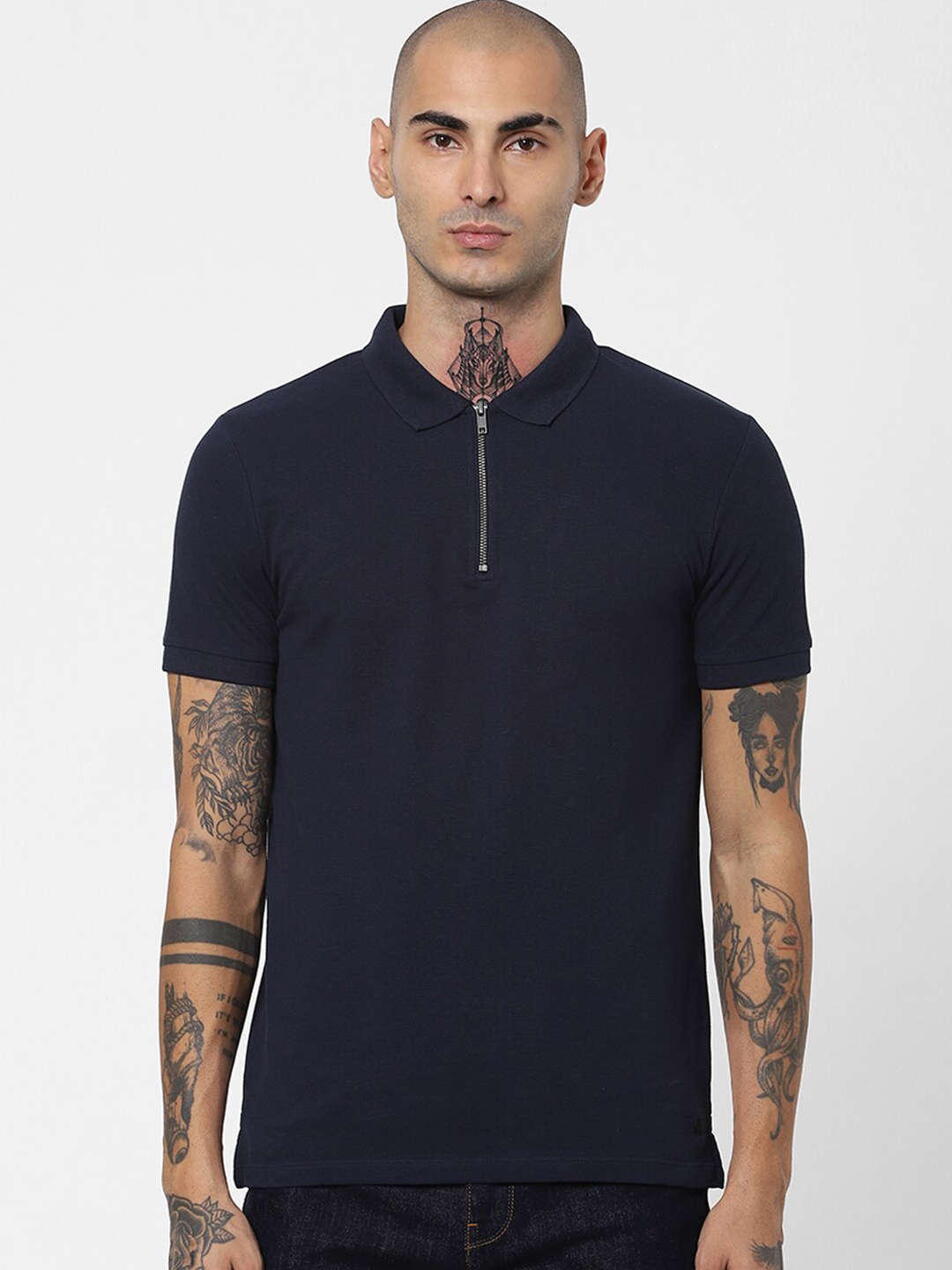 

Jack & Jones Men Navy Blue & peacoat Mandarin Collar Pockets Slim Fit T-shirt