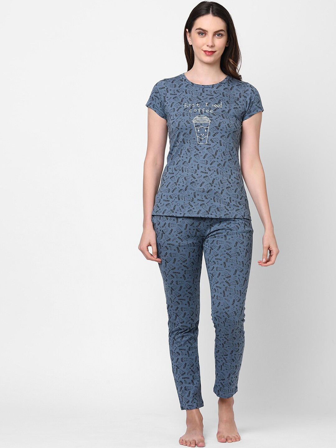 

Sweet Dreams Women Grey Printed Cotton T-Shirt & Pyjamas Night Suit