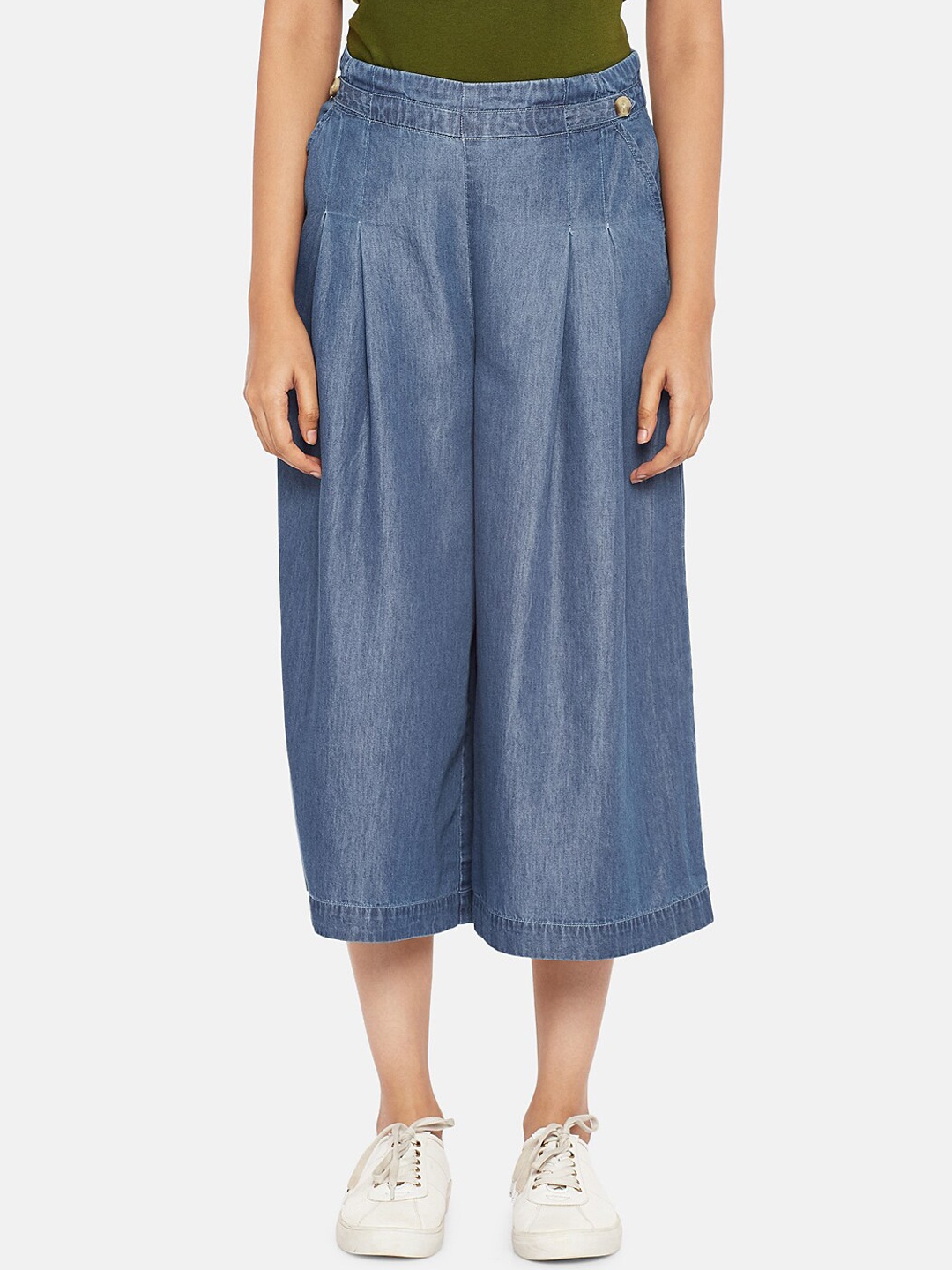 

People Women Blue Flared High-Rise Pleated Culotte Trousers