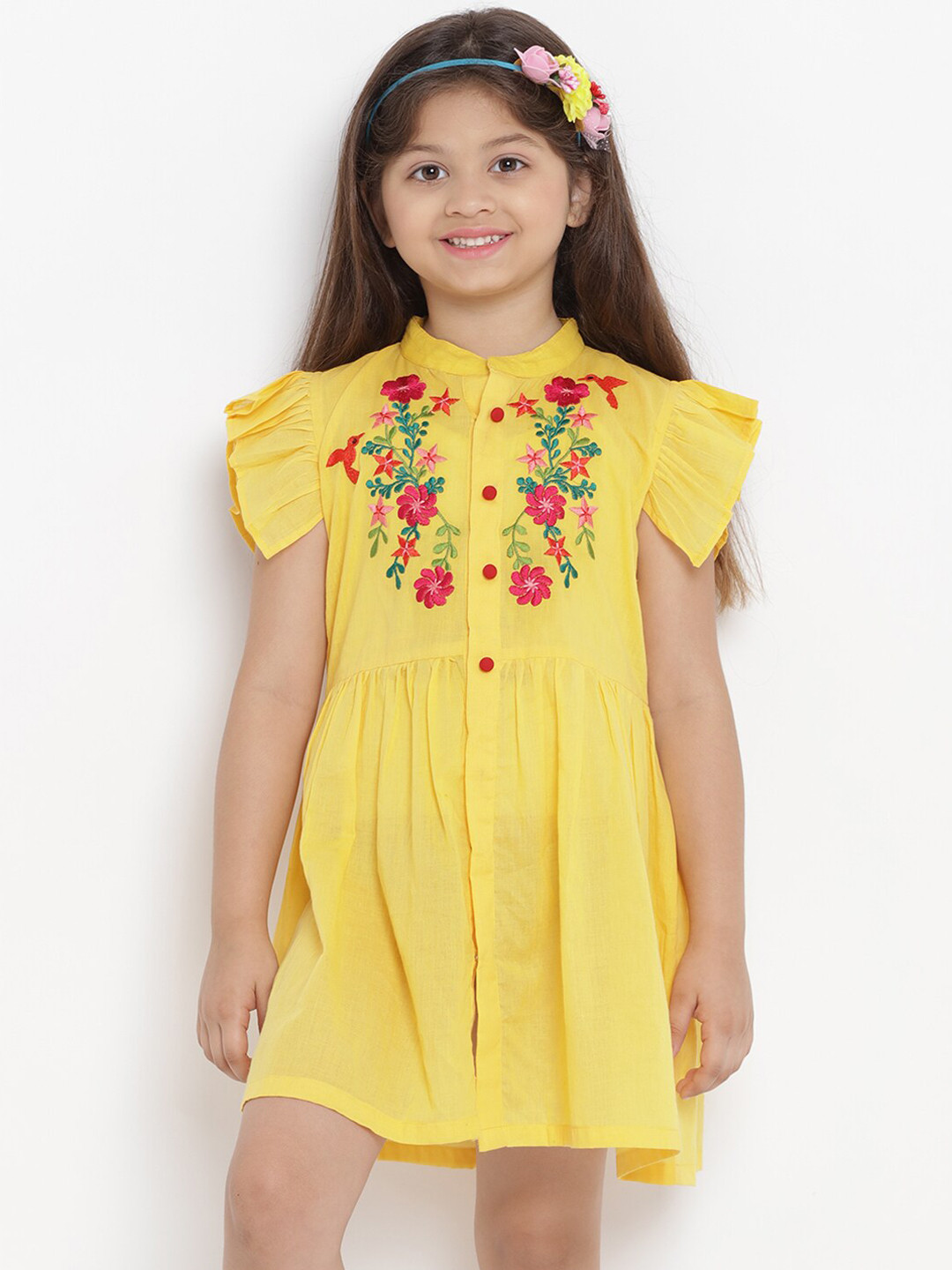 

Bitiya by Bhama Girls Yellow & Pink Floral Embroidered Shirt Dress