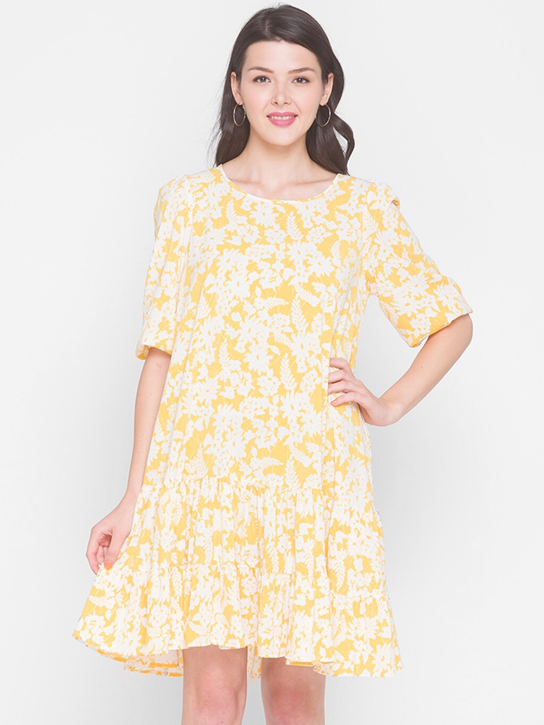 

TERQUOIS Yellow & White Floral A-Line Dress
