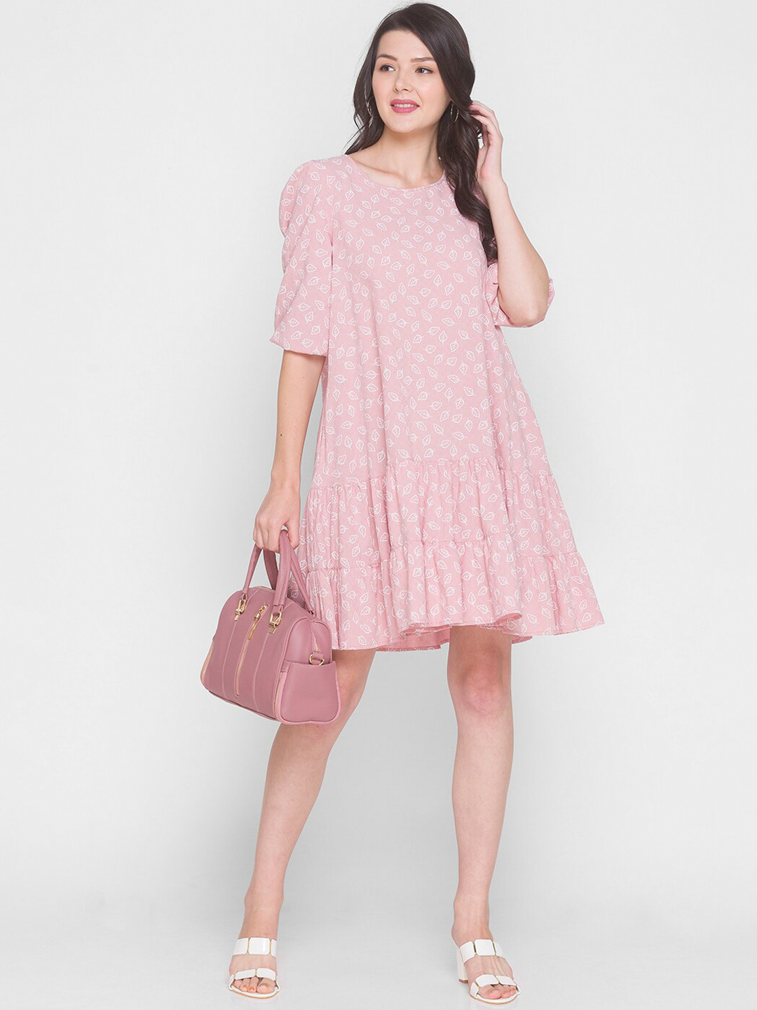 

TERQUOIS Pink Floral Printed A-Line Dress