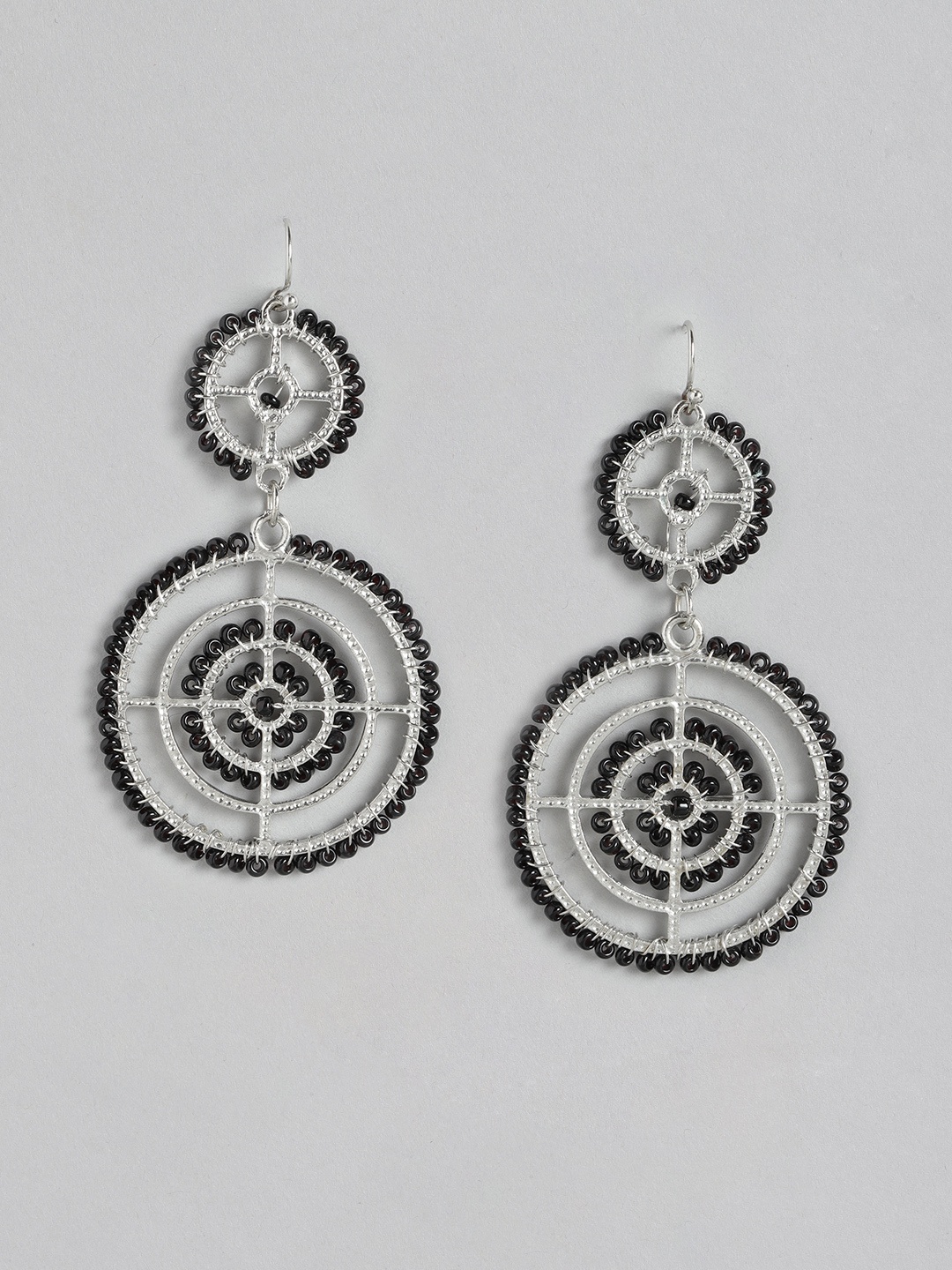 

RICHEERA Black & Silver-Toned Circular Drop Earrings