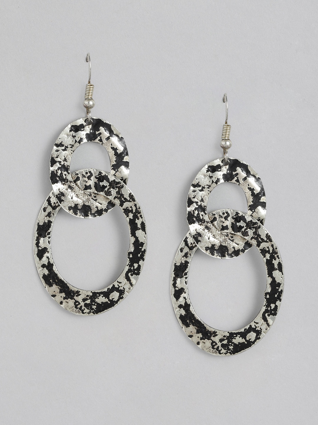 

RICHEERA Silver-Toned & Black Circular Drop Earrings