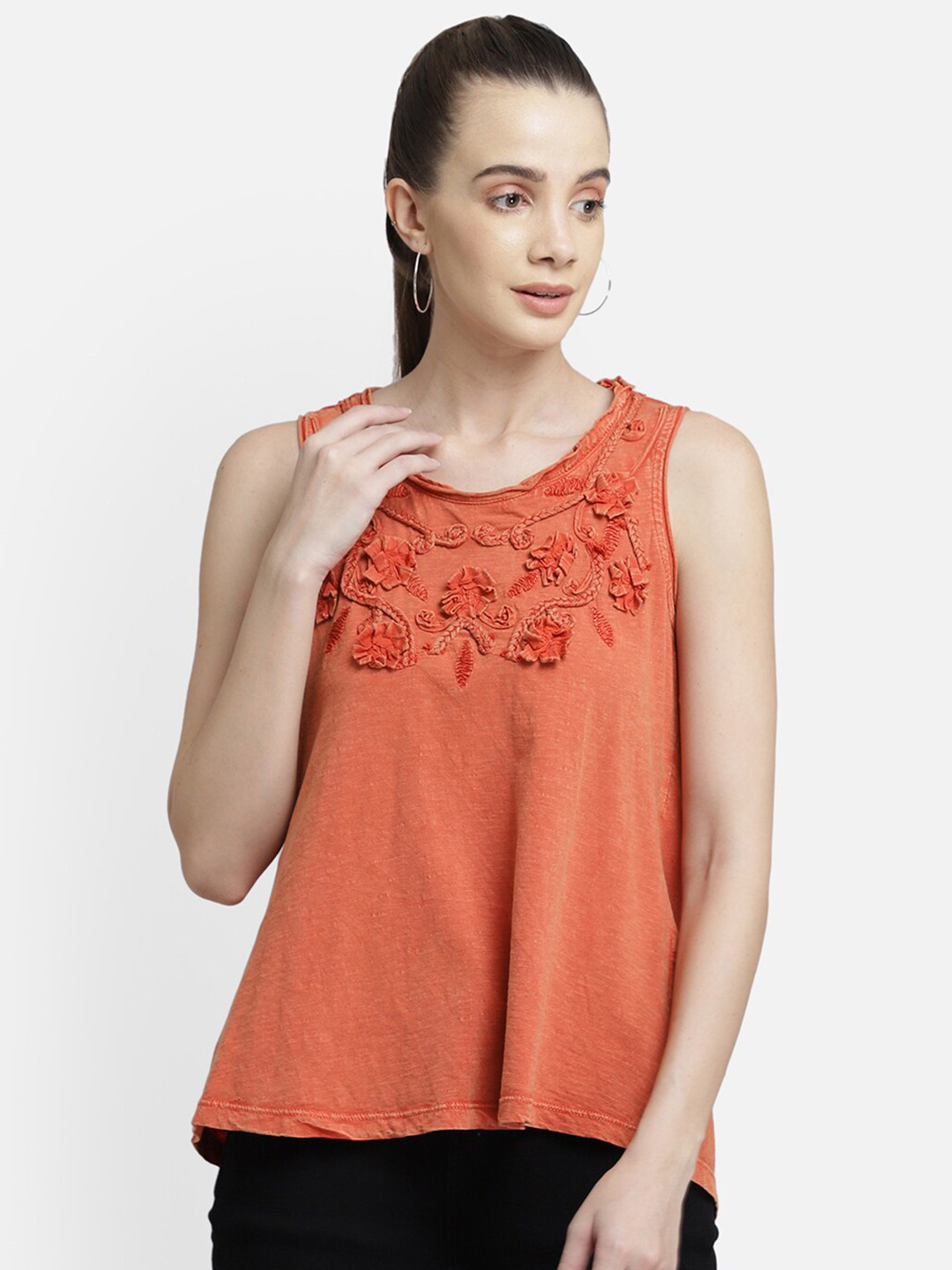 

Aditi Wasan Women Orange Floral Embroidered A-Line Top