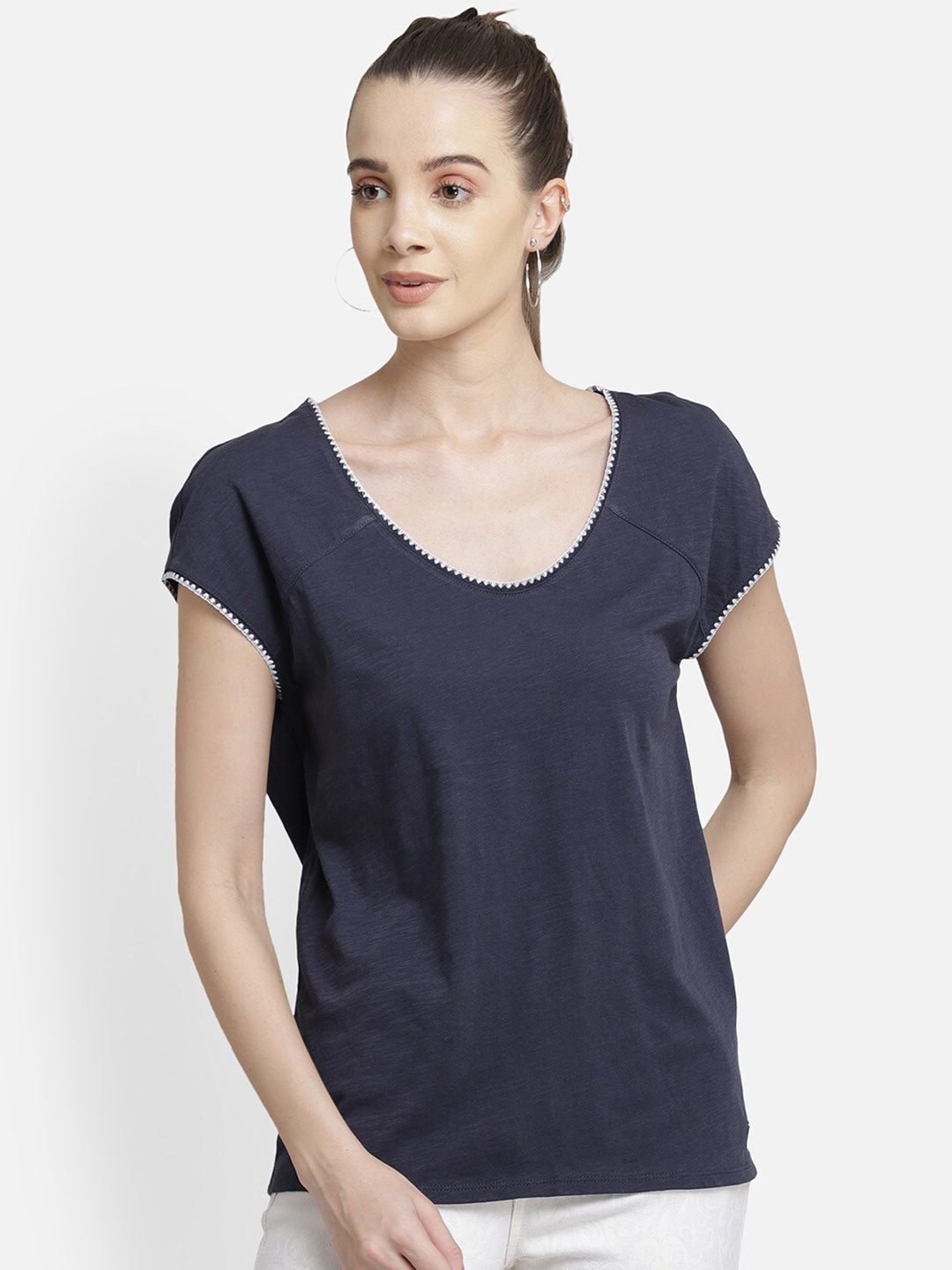 

Aditi Wasan Navy Blue Self Designed Regular Top