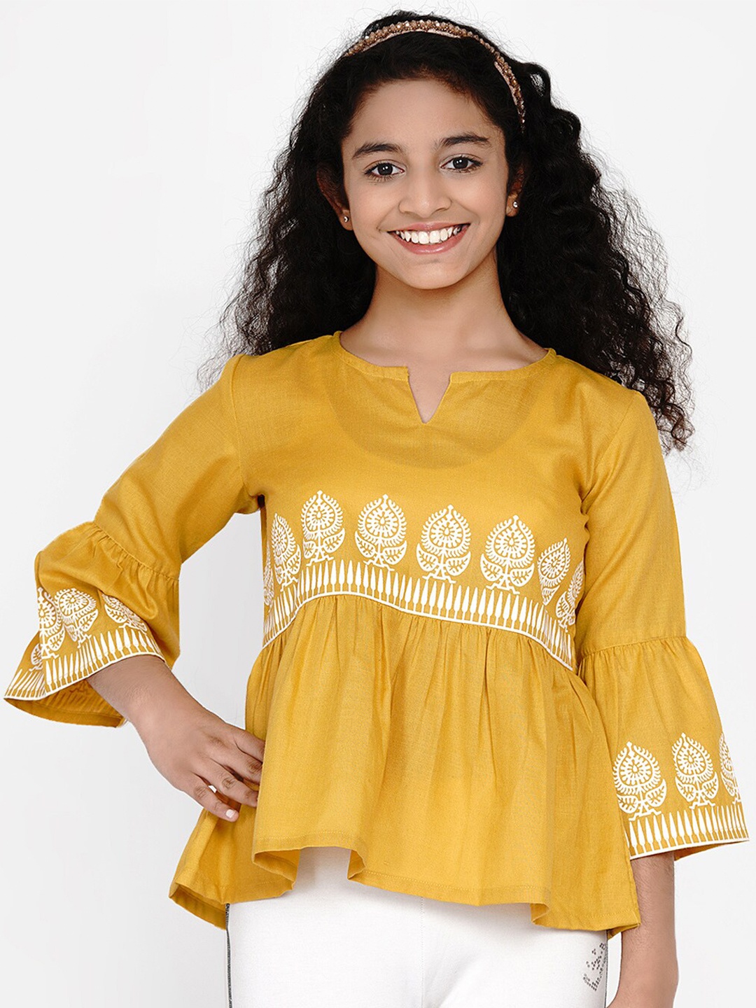 

Bitiya by Bhama Girls Mustard Yellow & White Printed A-Line Top