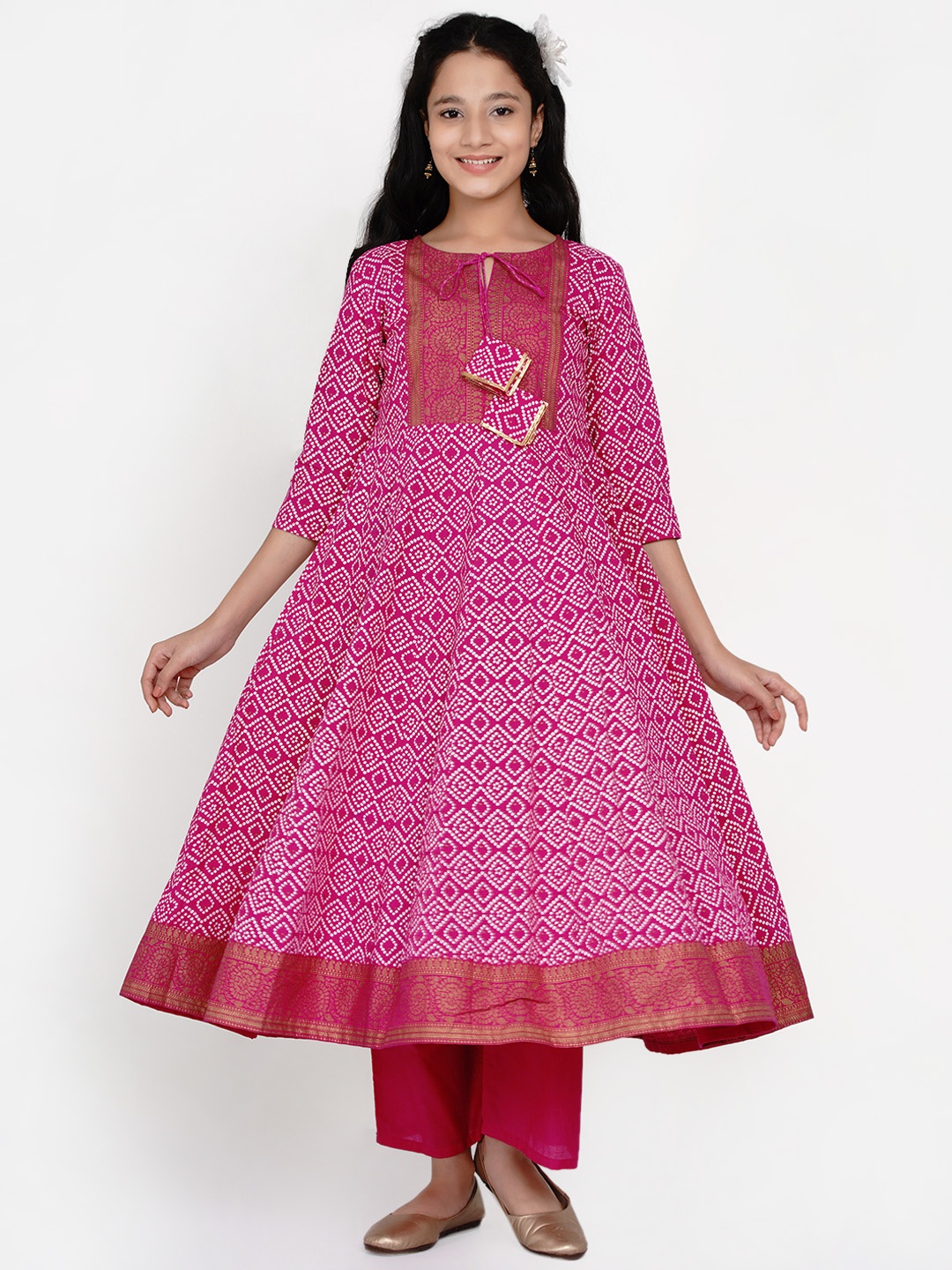 

Bitiya by Bhama Girls Pink & White Bandhani Printed Anarkali Kurta with Palazzos