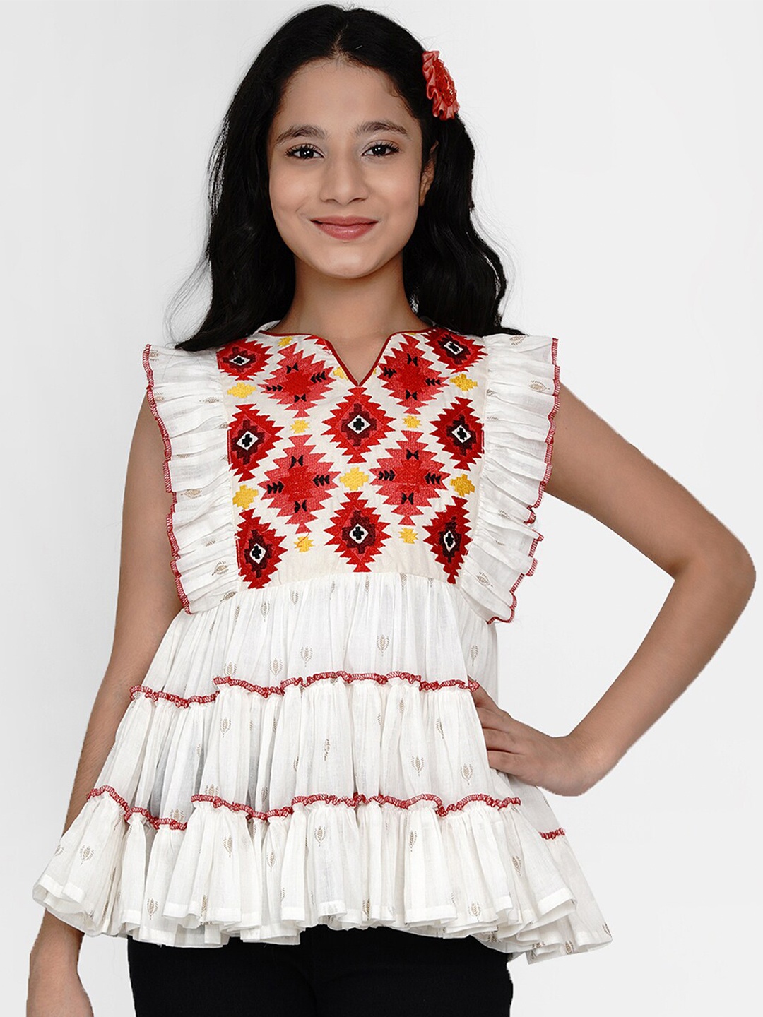 

Bitiya by Bhama Girls White & Red Geometric Tiered Top
