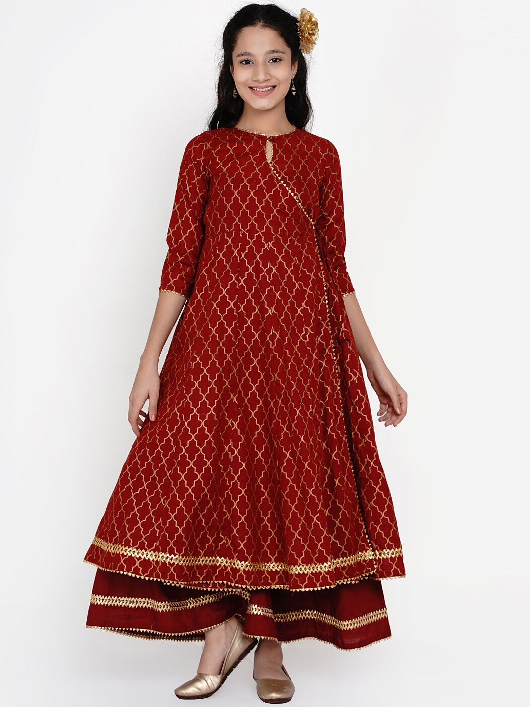 

Bitiya by Bhama Girls Maroon & Gold Ethnic Motifs Foil Print Anarkali Kurta With Palazzos