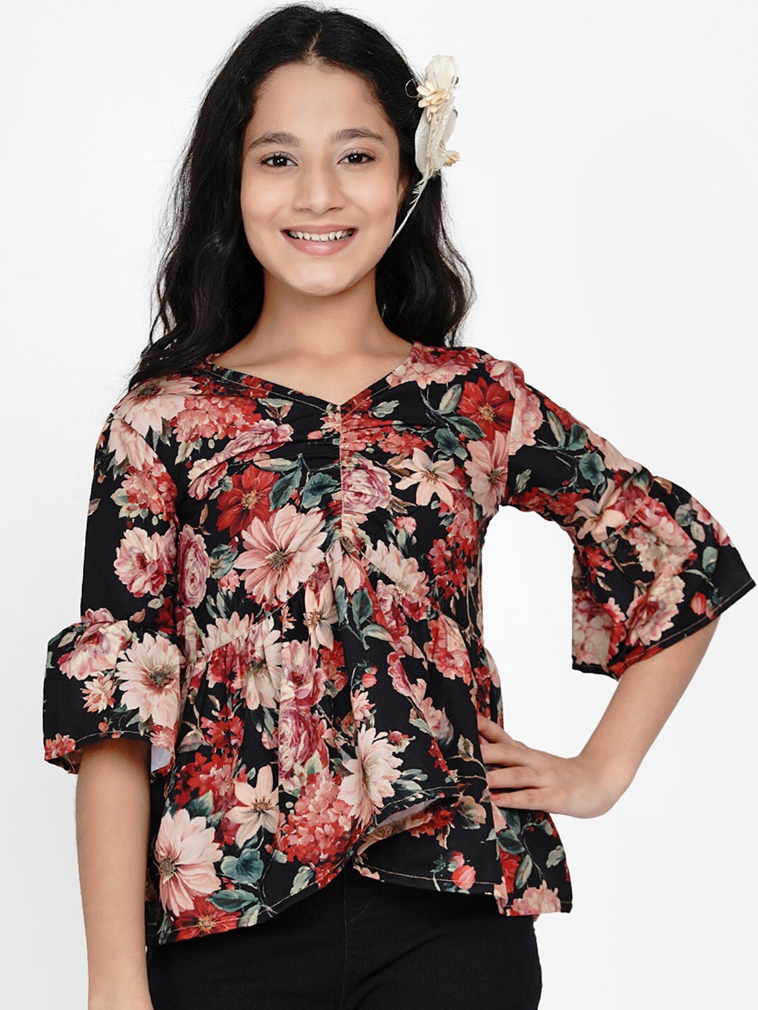 

Bitiya by Bhama Girls Black & Red Floral Regular Top