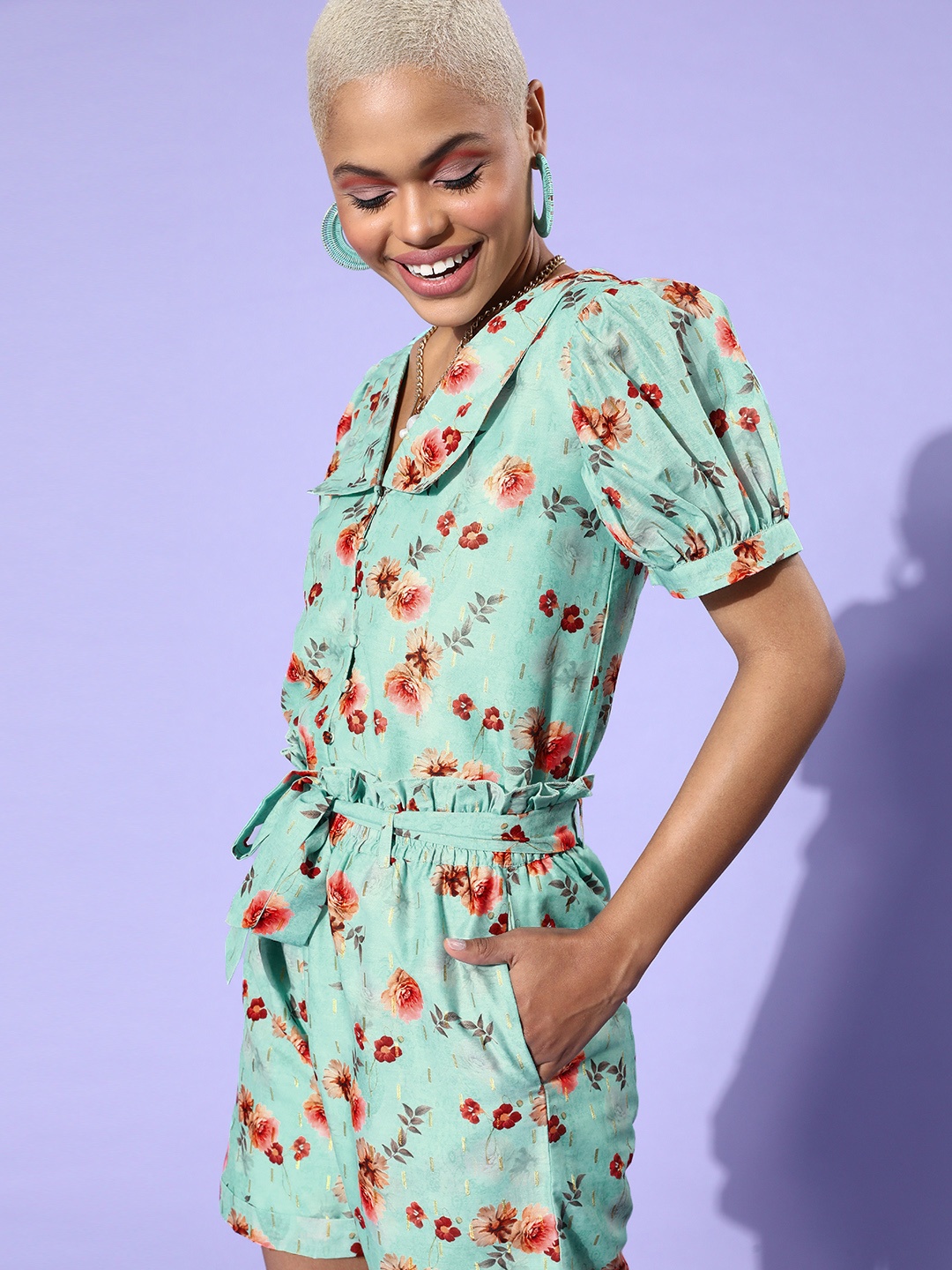 

MAGRE Women Alluring Turquoise Blue Floral Top