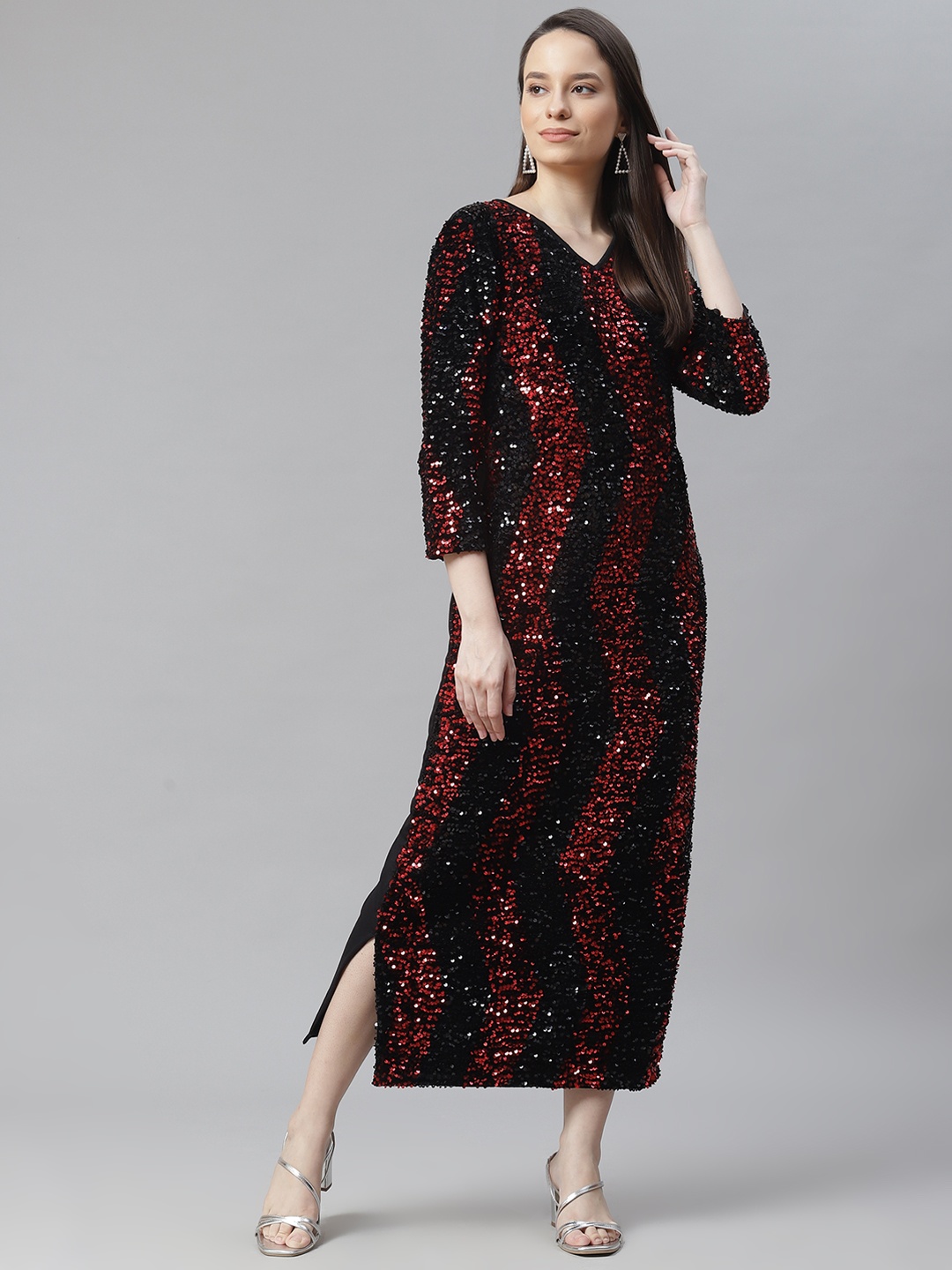 

Cottinfab Black & Red Embellished Sheath Maxi Dress