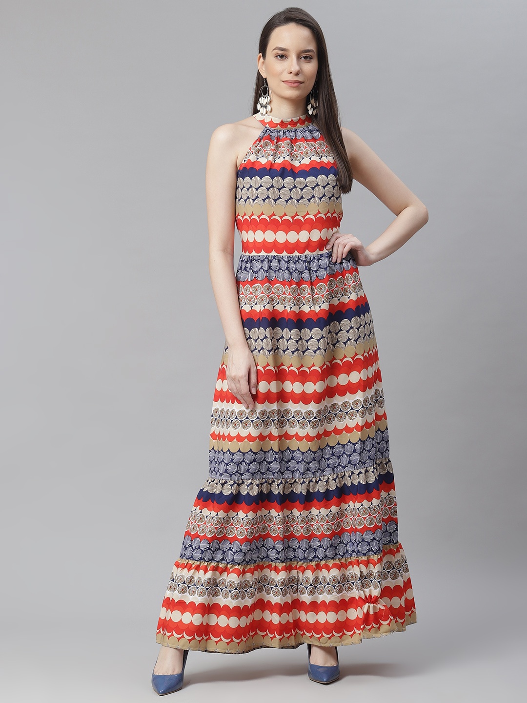 

Cottinfab Multicoloured Halter Neck Crepe A-Line Maxi Dress, Multi