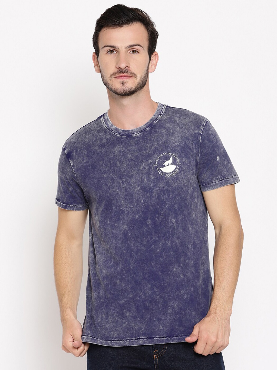 

Wolfpack Men Navy Blue Lava Dye Ball Wash Dyed Cotton T-shirt