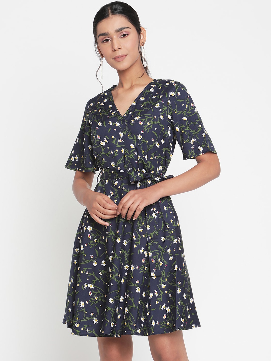 

The Vanca Women Navy Blue Printed Wrap Dress
