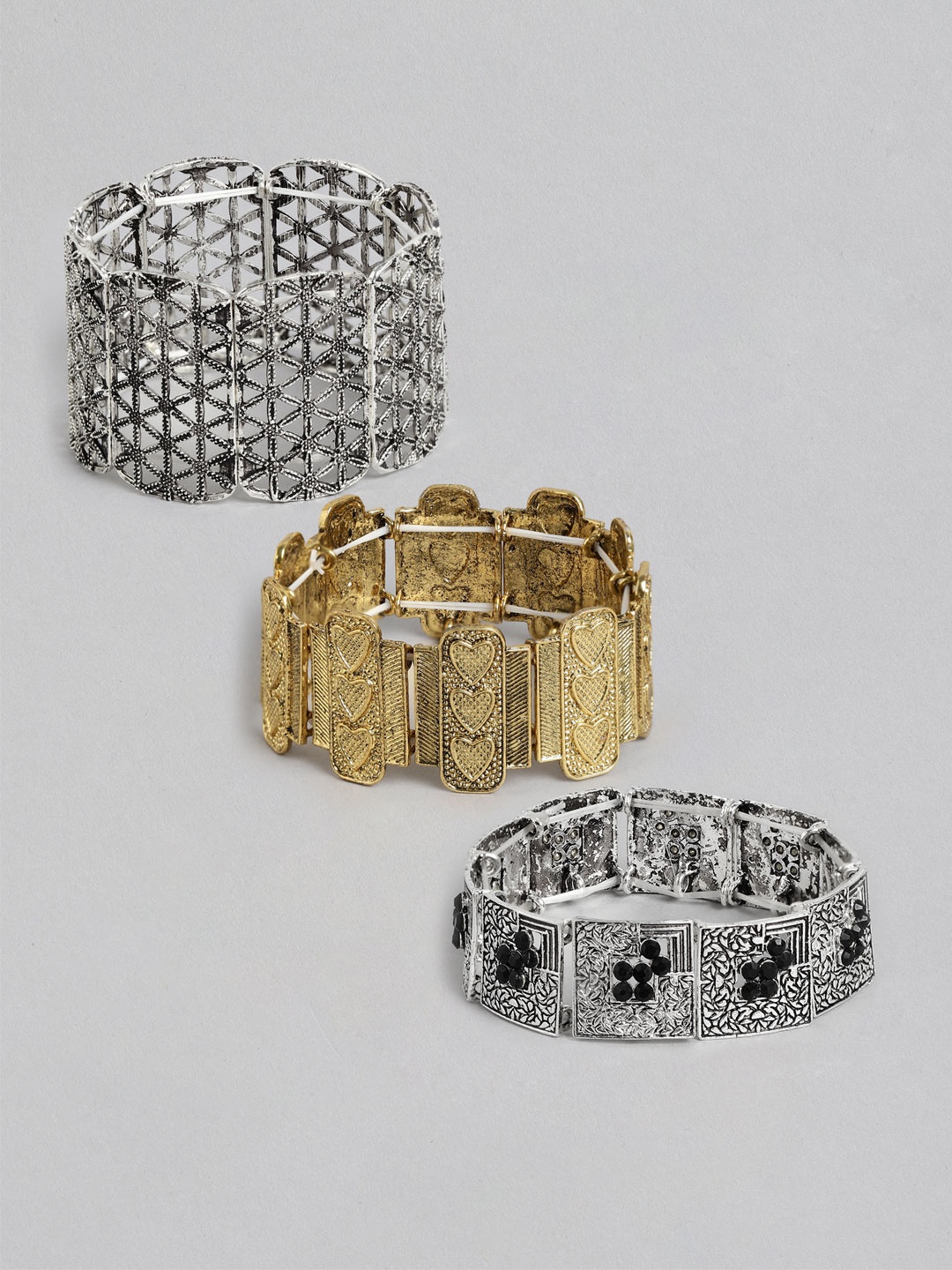 

Kord Store Women Set of 3 Silver-Toned & Gold-Toned Oxidised Charm Bracelet