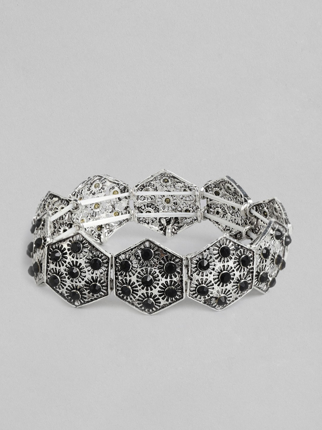 

Kord Store Women Silver-Toned & Black Oxidised Charm Bracelet