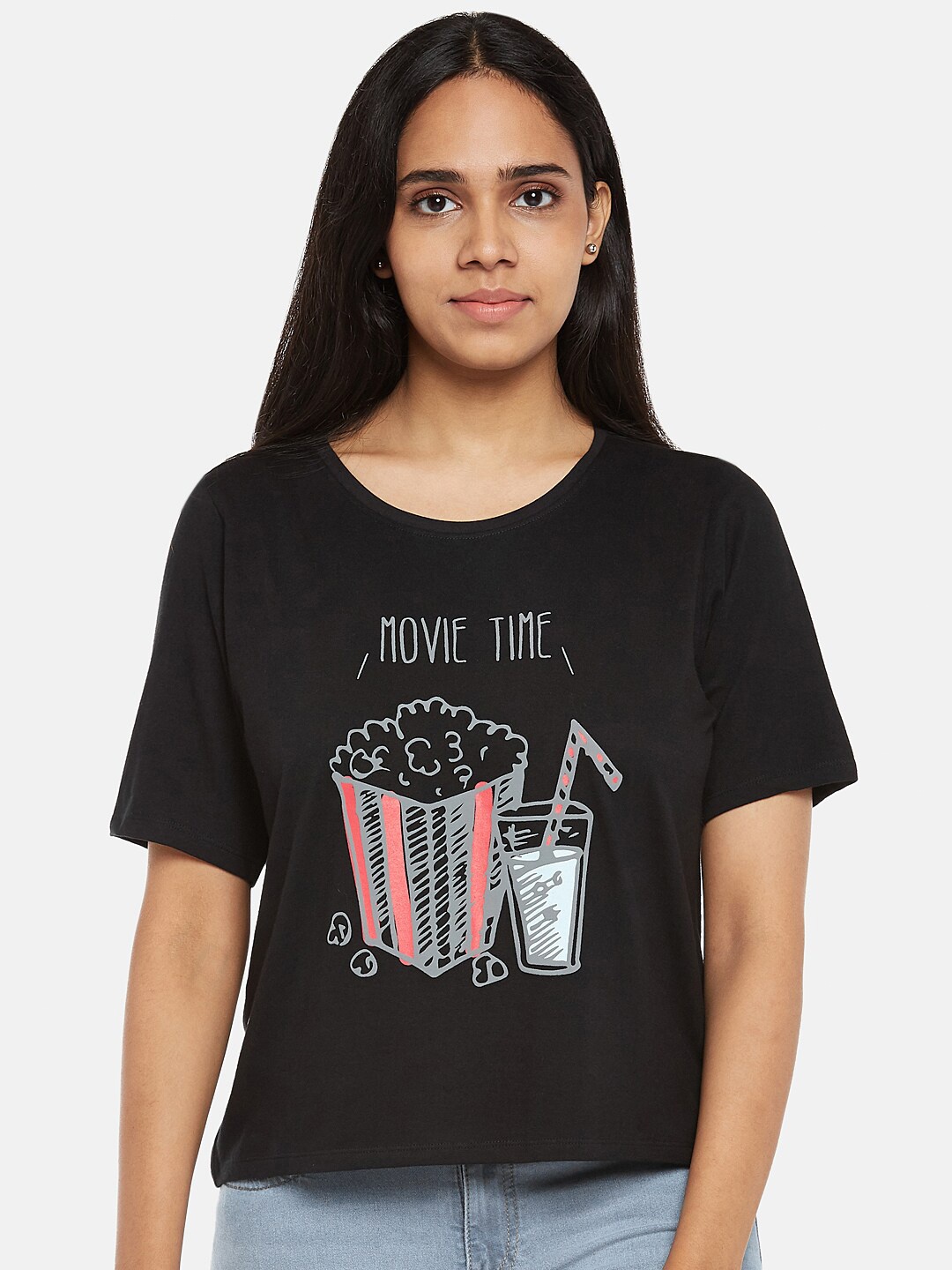 

People Women Black Pure Cotton Typography Printed Pure Cotton T-shirt
