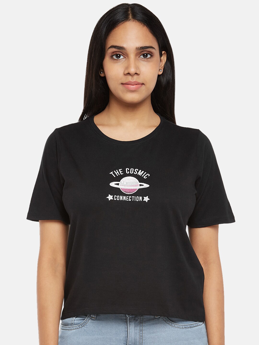 

People Women Black Pure Cotton Typography Printed Pure Cotton T-shirt