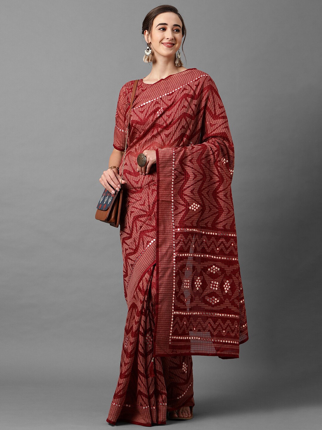 

Mitera Maroon & White Mirror Work Brasso Saree