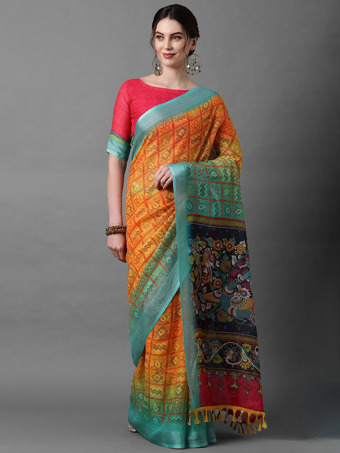 

Mitera Mustard & Turquoise Blue Bandhani Zari Linen Blend Saree