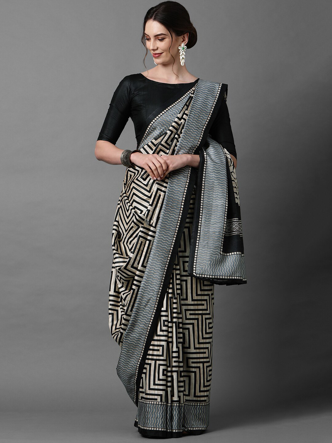

Mitera Beige & Black Silk Blend Saree