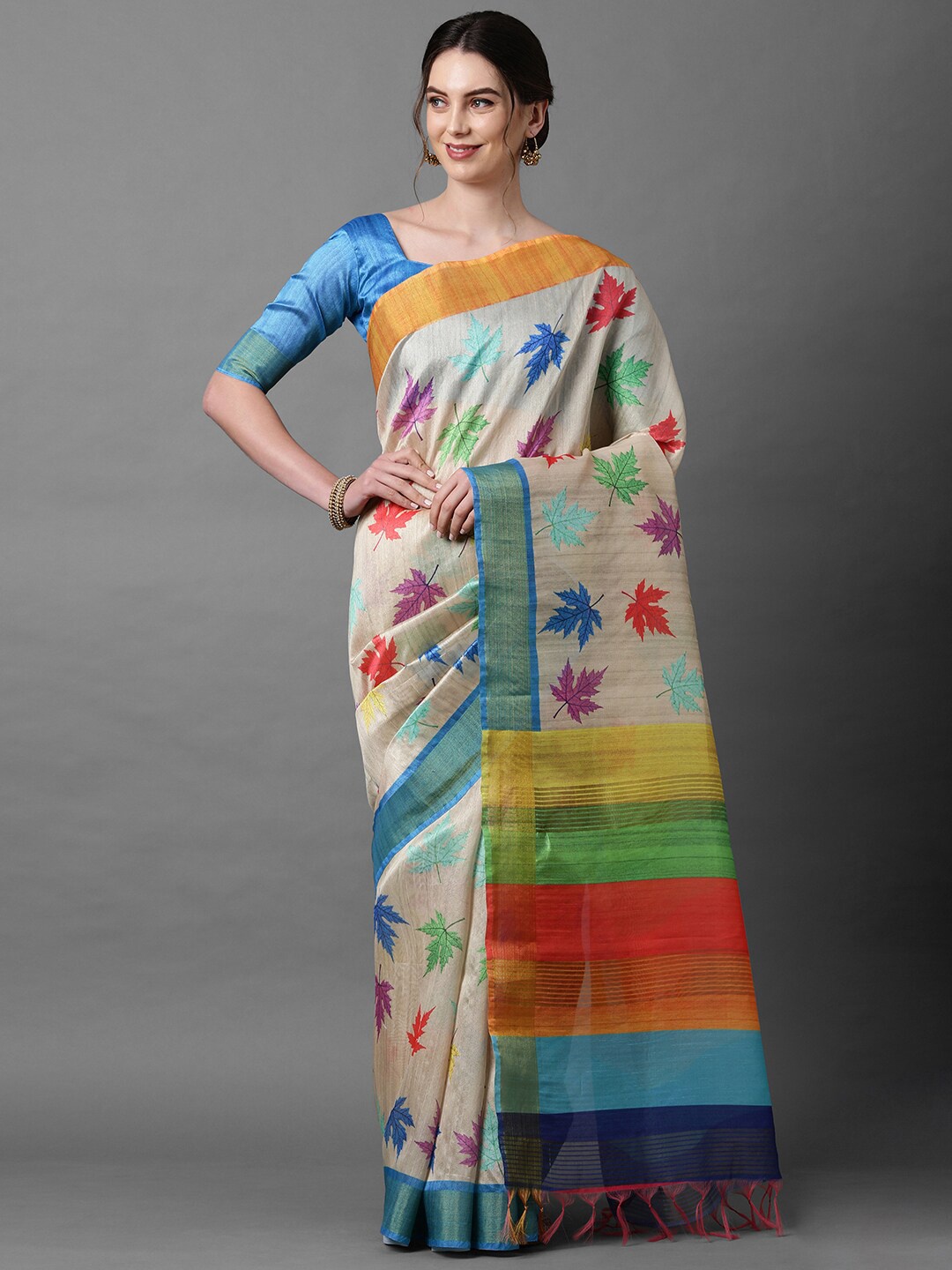 

Mitera Cream-Coloured & Turquoise Blue Floral Zari Art Silk Saree