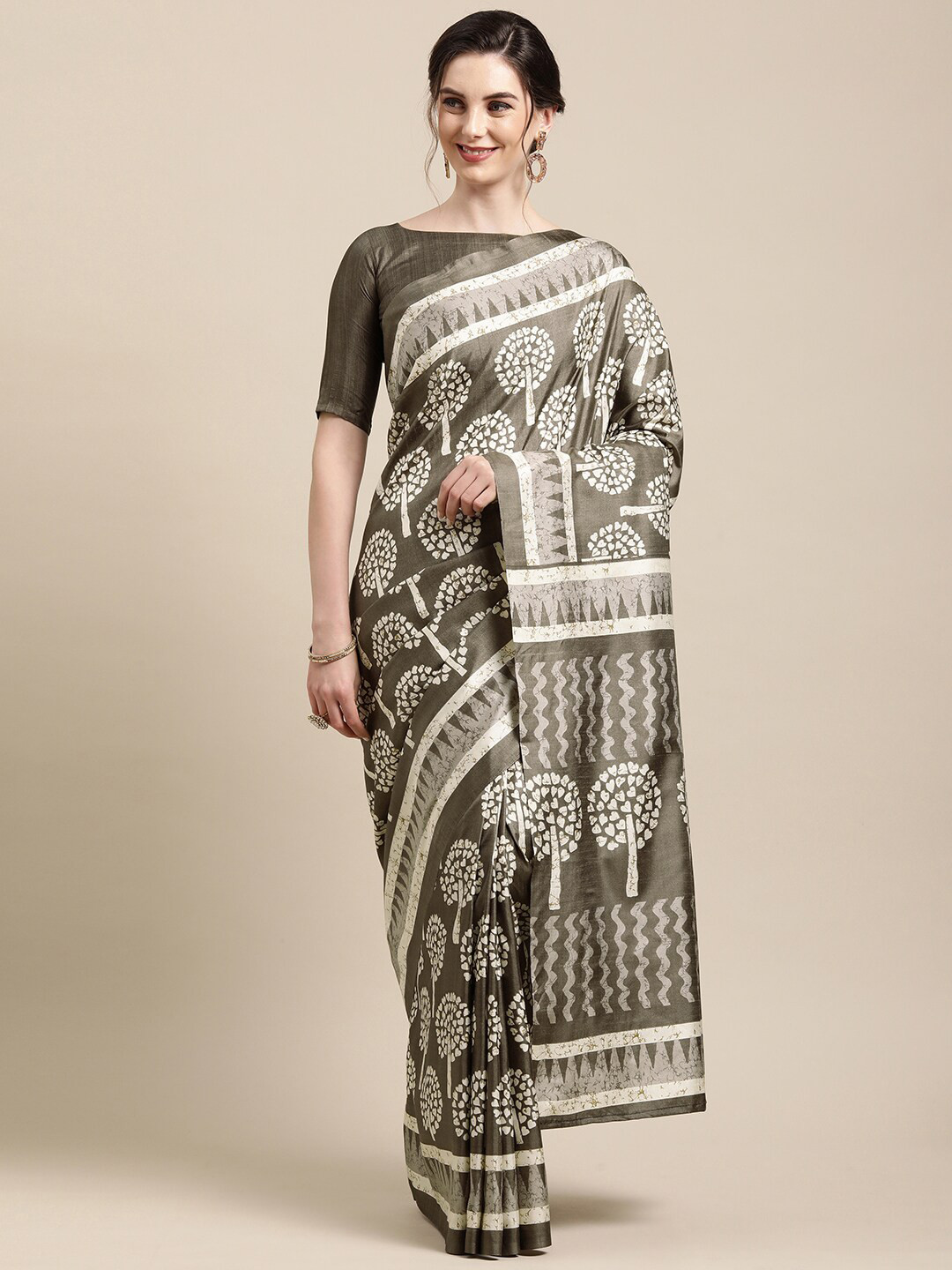

Mitera Grey & Cream-Coloured Floral Silk Blend Saree