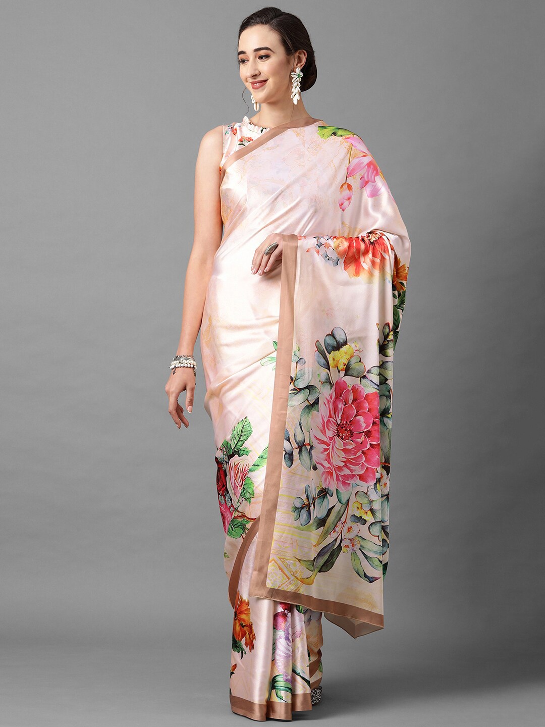 

Mitera Pink & Red Floral Satin Saree