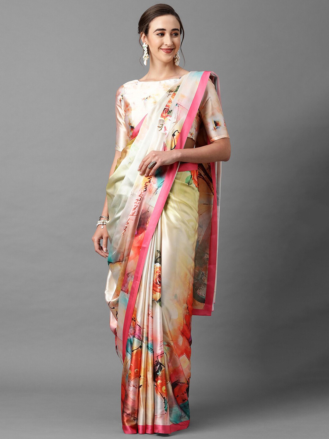 

Mitera Beige & Pink Floral Satin Saree