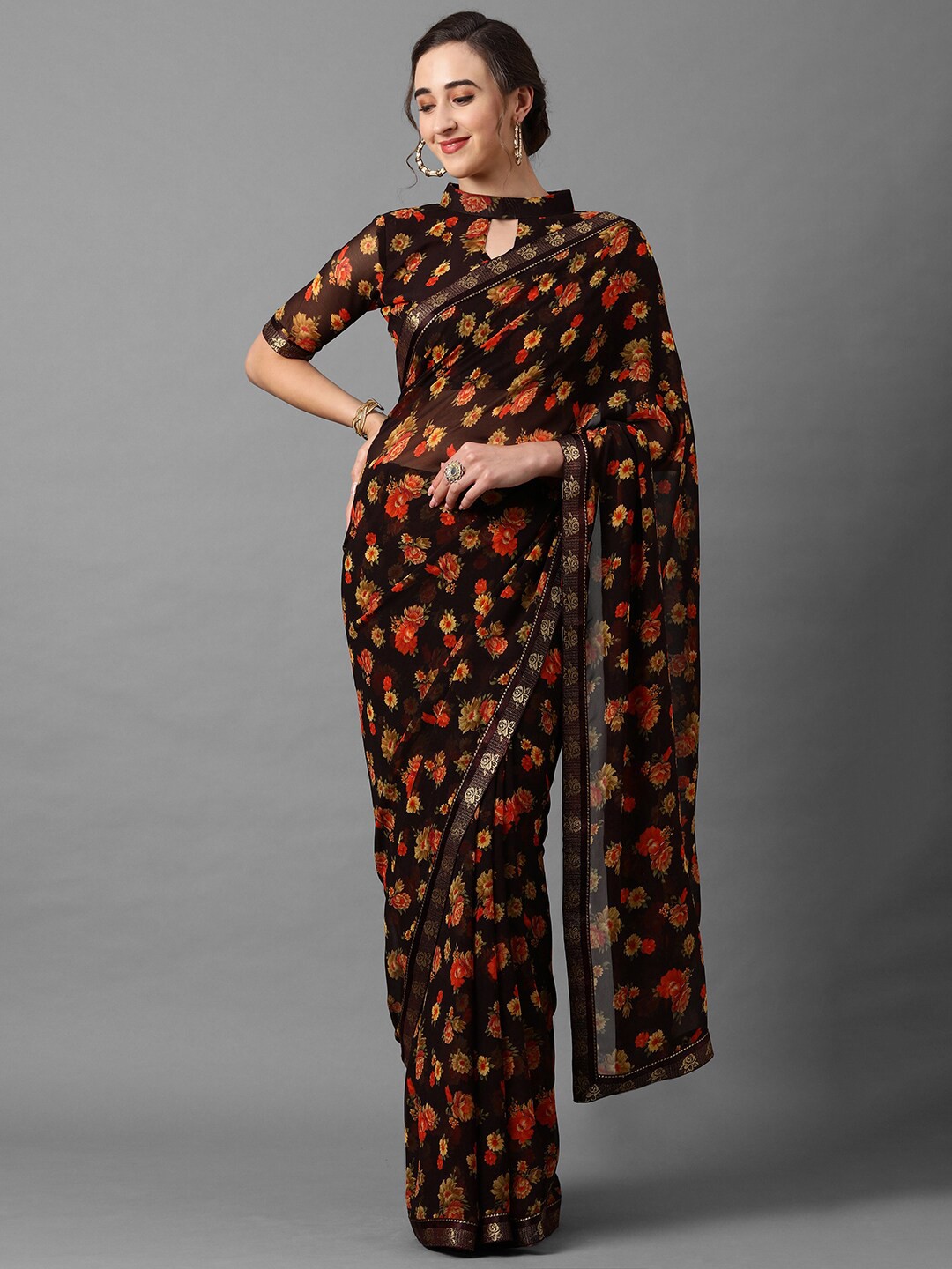 

Mitera Black & Red Floral Poly Georgette Saree