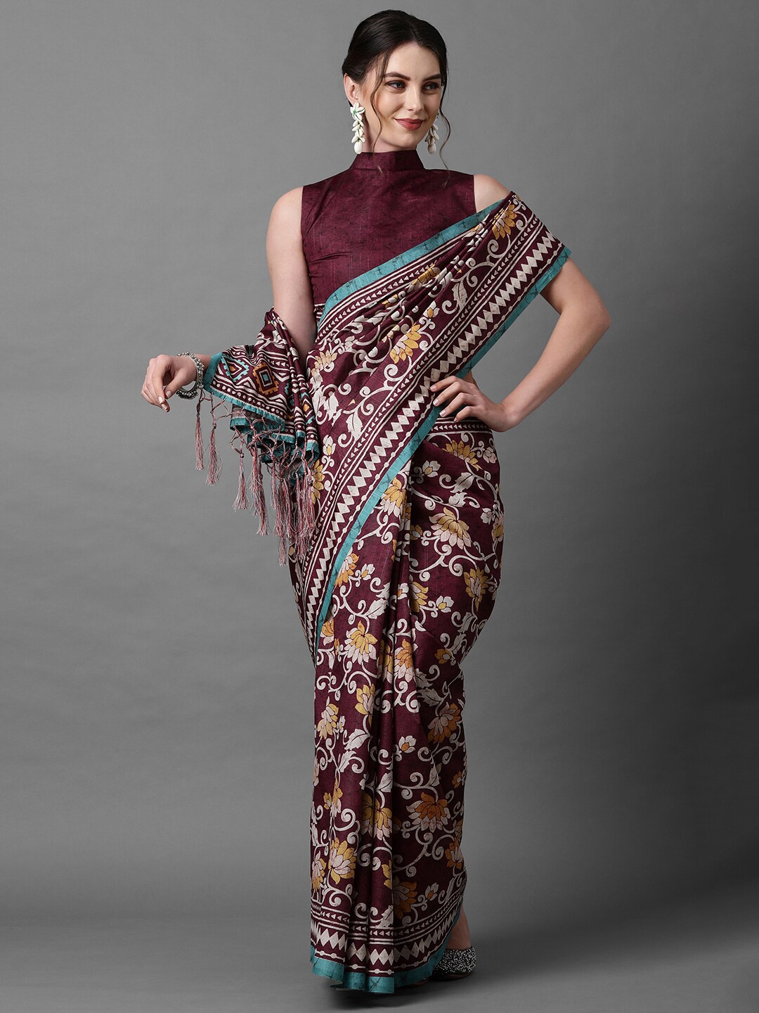 

Mitera Burgundy & Beige Floral Silk Blend Saree