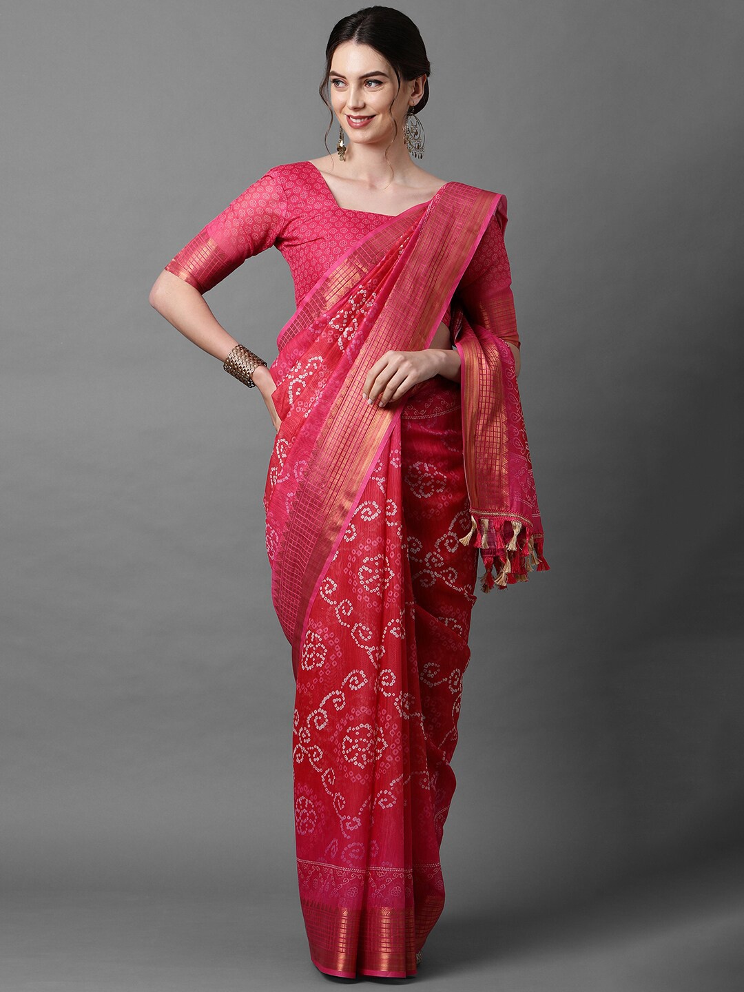 

Mitera Pink & White Bandhani Zari Linen Blend Bandhani Saree