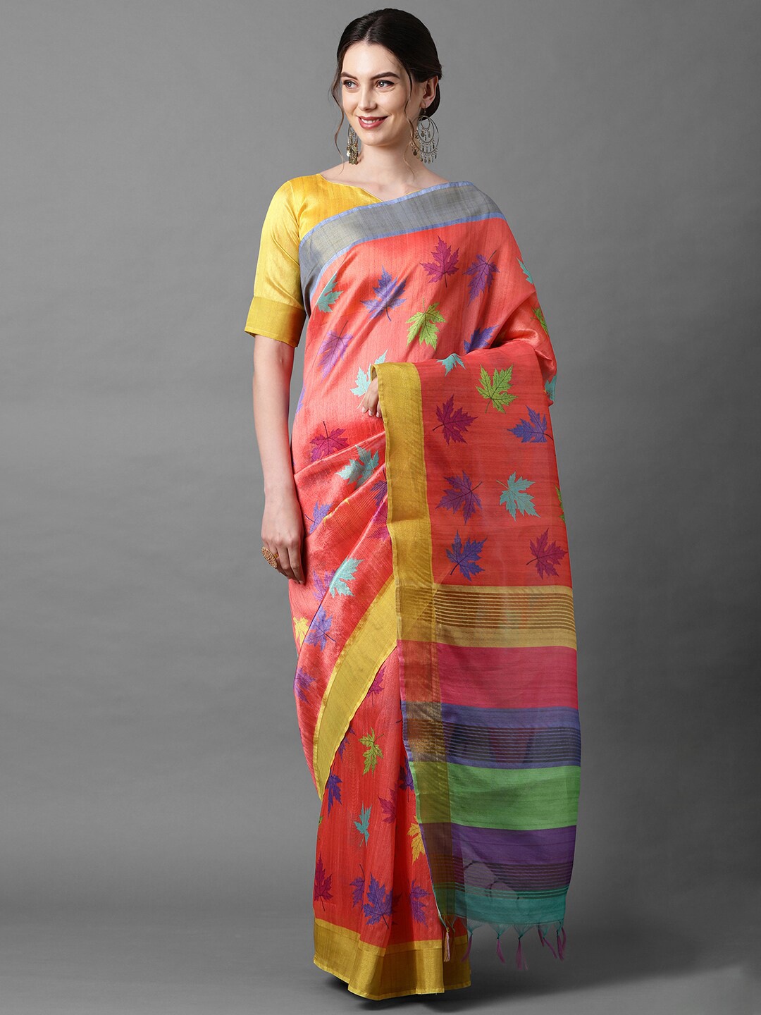 

Mitera Peach-Coloured & Green Floral Zari Art Silk Saree