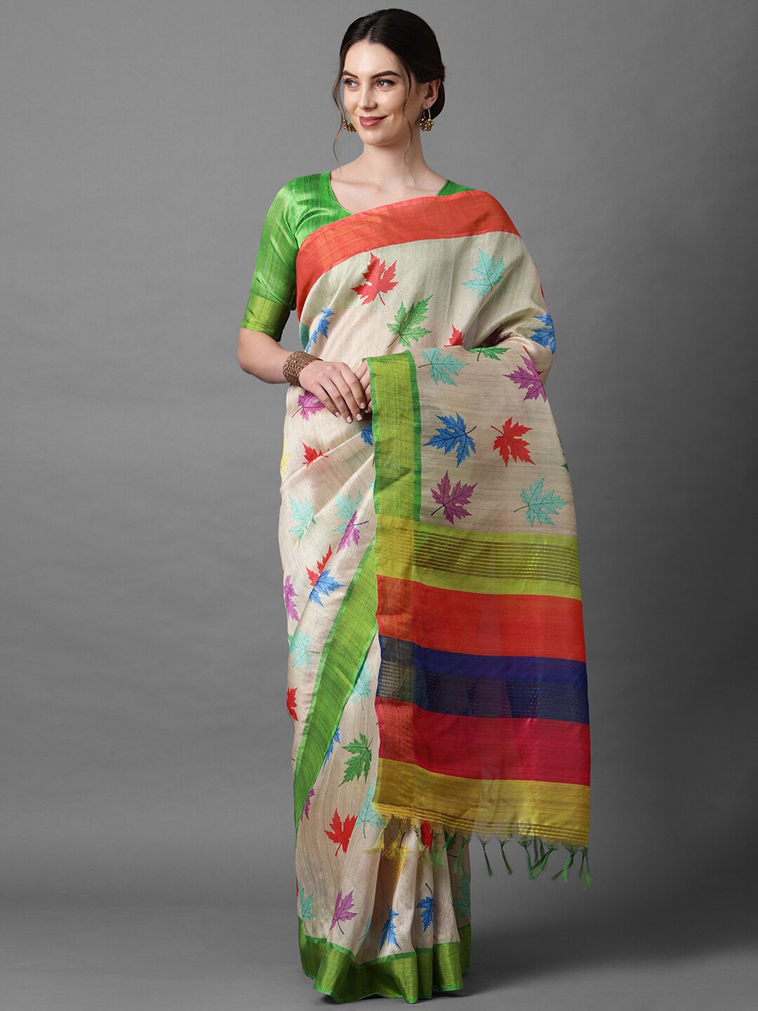 

Mitera Cream-Coloured & Red Floral Zari Art Silk Saree