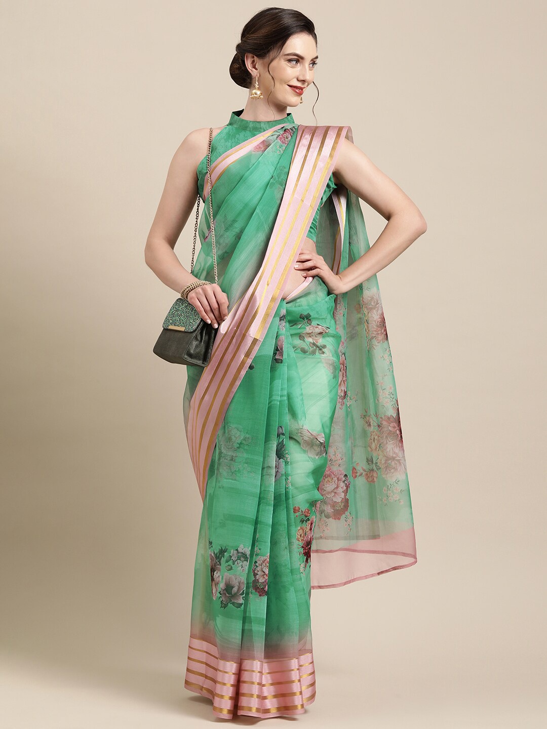 

Mitera Green & Pink Floral Zari Organza Saree