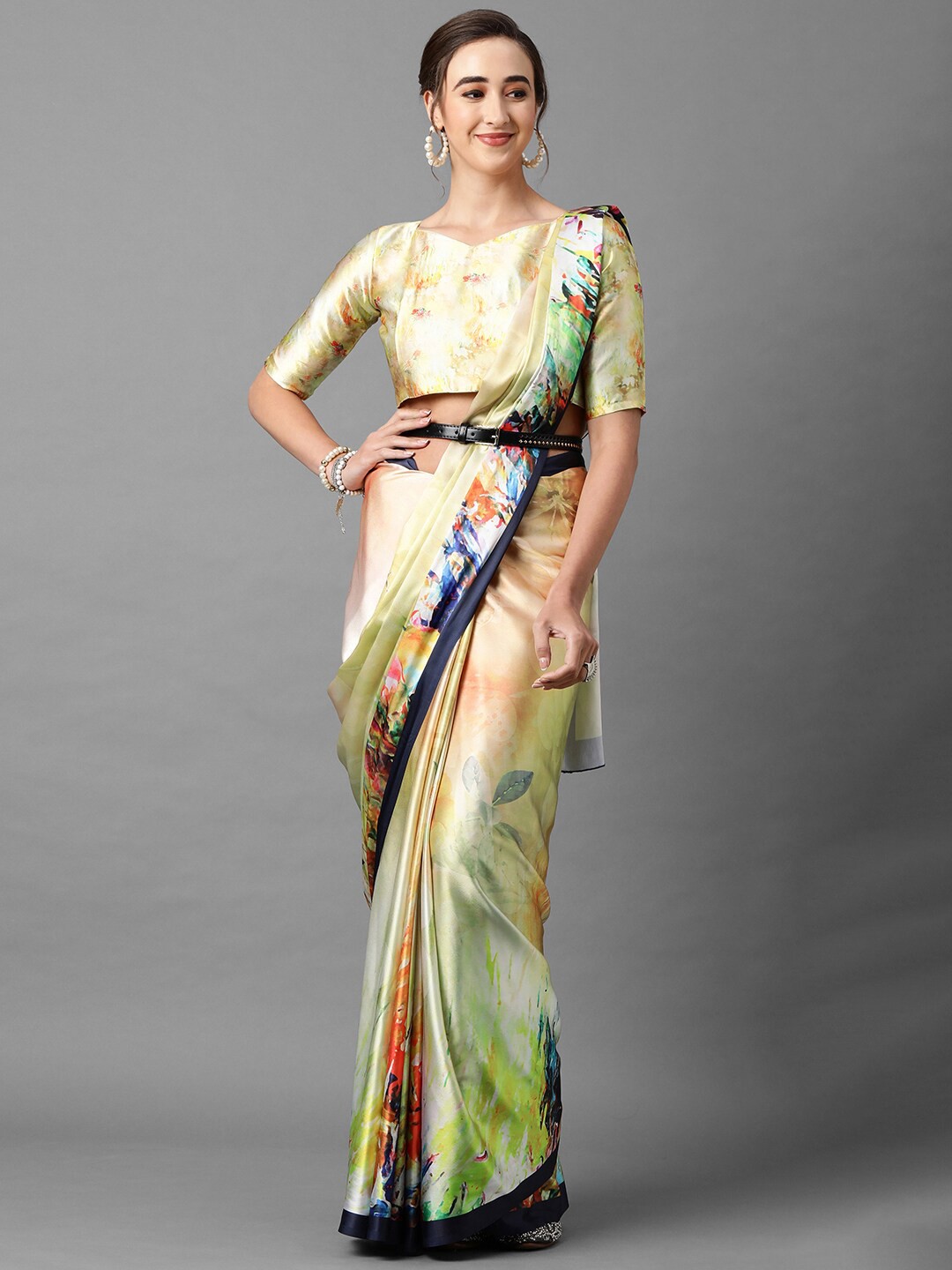 

Mitera Green & Beige Floral Satin Saree